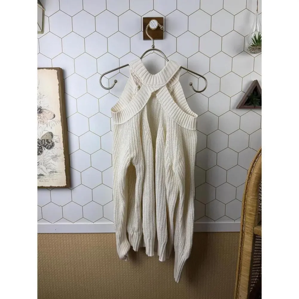 Free People Cream Strap Open Shoulder Half Moon Bay Rib Sweater - Size - Small